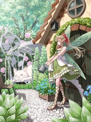 1girl bare_shoulders barefoot blue_eyes blush breasts brown_hair butterfly_wings cat cross-laced_sandals dress fairy fairy_wings flower flower_hairband gladiator_sandals green_dress hair_flower hair_ornament highres insect_wings long_hair looking_at_animal macha0331 mini_person off-shoulder_dress off_shoulder original outdoors pointy_ears sandals small_breasts solo succulent_plant wings