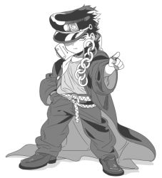 1boy age_regression apple972 greyscale hat inzup jojo_no_kimyou_na_bouken kuujou_joutarou long_coat male_focus monochrome oversized_clothes solo aged_down