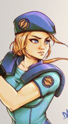 Rule 34 | 1girl, beret, black boots, black gloves, blonde hair, blue eyes, blue hat, blue pants, blue shirt, boots, cosplay, cropped, danderfull, gloves, grey background, hat, highres, jill valentine, jill valentine (cosplay), metroid, nintendo, pants, resident evil, samus aran, shirt, shoulder pads, simple background