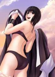 Rule 34 | 1girl, :d, ass, back, bikini, black bikini, black eyes, black hair, cloud, female focus, from behind, from below, happy, looking back, naruto (classic), naruto (series), open mouth, shizune (naruto), short hair, sky, smile, solo, swimsuit, tk (tk&#039;s level4), wading, water