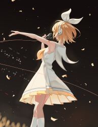 1girl absurdres arm_tattoo blonde_hair bow hair_bow hashtag-only_commentary headphones headset highres holding holding_microphone kagamine_rin microphone mikumikudance neckerchief orange_neckerchief sailor_collar shirt short_hair sleeveless sleeveless_shirt socks solo sour_model_(mikumikudance) tattoo trashpanda_11b vocaloid white_bow white_sailor_collar white_shirt white_socks