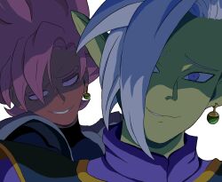 2boys black_bodysuit bodysuit colored_skin crazy_eyes crazy_smile dougi dragon_ball dragon_ball_super earrings goku_black green_skin grey_eyes grin h1mboenjoyer jewelry long_sleeves looking_at_viewer mohawk multiple_boys pink_hair pointy_ears potara_earrings purple_shirt saiyan shaded_face shirt short_hair smile spiked_hair super_saiyan super_saiyan_rose white_hair zamasu