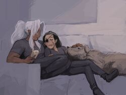 2boys absurdres alternate_hairstyle black_hair black_pants black_shirt book colored_eyelashes commentary commission couch dark-skinned_male dark_skin dog english_commentary eyepatch grey_hair highres holding holding_book kingdom_hearts leaning_on_person long_hair male_focus multiple_boys nicedracula on_couch open_mouth pants petting pointy_ears ponytail scar shirt sitting sleeping smile socks white_eyelashes xemnas xigbar yaoi