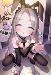 1girl :o animal_ears arm_up bare_shoulders black_choker black_leotard black_nails black_shoes black_sleeves black_thighhighs choker collar colored_inner_hair commentary covered_navel detached_collar detached_sleeves fake_animal_ears flat_chest frilled_sleeves frills full_body grey_hair half-closed_eyes henreader leotard loli long_hair long_sleeves looking_at_viewer multicolored_hair open_mouth original parted_bangs playboy_bunny public_restroom purple_eyes purple_hair rabbit_ears red_hair shoes sidelocks sleeve_cuffs solo squatting strapless strapless_leotard symbol-only_commentary thighhighs toilet very_long_hair white_collar