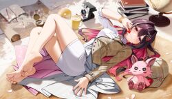 1girl ascot ass asymmetrical_dress asymmetrical_sleeves azki_(4th_costume)_(hololive) azki_(hololive) bare_legs barefoot baseball_cap black_hair blurry book book_stack bracelet braid breasts brown_dress casino_(casinoep) collared_dress colored_inner_hair compass cup depth_of_field double-parted_bangs dress feet fingernails flower_hairpin full_body globe hair_intakes half_up_half_down_braid hand_on_own_face hat highres hololive jewelry legs long_hair long_sleeves looking_at_viewer lying map mat mismatched_sleeves mole mole_under_eye mug multicolored_hair notebook on_back paid_reward_available pen pencil_skirt pile_of_books pink_hair pink_nails pioneer_(azki) plaid_clothes plaid_dress plaid_hat polaroid_camera purple_eyes revision shell showgirl_skirt skirt soles solo three-quarter_sleeves toenails toes two-tone_dress two-tone_hair virtual_youtuber white_ascot white_dress