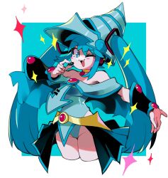 Rule 34 | 1girl, aqua eyes, aqua hair, aqua nails, bare shoulders, blue hat, blush stickers, cosplay, cowboy shot, dark magician girl, dark magician girl (cosplay), detached sleeves, dizzyspells, duel monster, fang, hat, hatsune miku, headphones, headset, highres, jewelry, long hair, looking at viewer, one eye closed, open mouth, showgirl skirt, skirt, smile, solo, twintails, very long hair, vocaloid, wizard hat, yu-gi-oh!