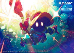 1boy arm_up boots commentary copyright_name copyright_notice english_commentary final_fantasy final_fantasy_ix from_above gloves glowing glowing_eyes hat holding holding_staff looking_up mage_staff magic magic:_the_gathering male_focus mushroom official_art outstretched_arm solo staff toni_infante vivi_ornitier wizard_hat