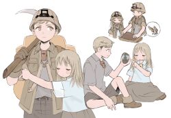 1boy 1girl aged_down backpack bag bell bird blonde_hair blush brother_and_sister brown_hair carrying_over_shoulder child clinging closed_eyes cosplay dungeon_meshi egg facing_viewer falin_touden falin_touden_(tallman) frs2 gloves grey_hair hand_up helmet highres holding holding_egg holding_pickaxe hug jacket knee_up korean_commentary laios_touden light_brown_hair long_hair looking_at_another made_in_abyss multiple_views neck_bell pickaxe poking profile school_uniform shoes short_hair short_sleeves shorts siblings sideways_glance simple_background sitting skirt smile spoken_animal whistle whistle_around_neck white_background yellow_eyes