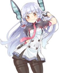 &gt;:) 10s 1girl adjusting_hair black_pantyhose blunt_bangs blush bodysuit breasts buttons colored_eyelashes contrapposto cowboy_shot dress female_focus gloves hair_ribbon hand_on_own_hip headgear kantai_collection light_smile long_hair looking_at_viewer murakumo_(kancolle) murakumo_kai_ni_(kancolle) naka_akira necktie pantyhose ribbon sailor_dress school_uniform short_eyebrows sidelocks silver_hair simple_background small_breasts smile solo standing tassel tress_ribbon turtleneck v-shaped_eyebrows very_long_hair white_background