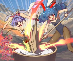 2girls animal_ears barefoot black_leotard black_pantyhose blue_hair blue_sky chinese_zodiac cloud crescent dated emphasis_lines food jumping kine leotard mallet medium_hair miracle_mallet mochi mochitsuki motion_blur multiple_girls new_year outdoors pantyhose purple_hair rabbit_ears red_eyes saucer seiran_(touhou) short_hair sign sky star_(symbol) sukuna_shinmyoumaru syope touhou translation_request year_of_the_rabbit