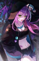 1girl :d arm_up bandaged_hand bandages black_jacket black_pants black_sports_bra breasts character_name clothes_writing colored_inner_hair commentary cosplay crossed_bangs demon_girl demon_tail denim ed_(street_fighter) ed_(street_fighter)_(cosplay) green_eyes hand_in_pocket hand_up highres hip_tattoo hololive hood hood_up hooded_jacket jacket jeans jewelry long_hair looking_at_viewer medium_breasts multicolored_hair nail_polish navel_piercing necklace open_mouth pants piercing pink_hair pink_nails pointy_ears purple_hair smile solo sports_bra star-ring stomach streaked_hair street_fighter street_fighter_6 symbol-only_commentary tail tail_ornament tail_piercing tokoyami_towa torn_clothes torn_pants virtual_youtuber