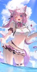 1girl :3 ;d alternate_costume alternate_hairstyle animal_ear_fluff animal_ears antenna_hair belt bib_collar bikini bikini_skirt black_belt black_bikini black_collar bow bowtie breasts chest_harness cleavage cloud collar cumulonimbus_cloud day fang frilled_bikini frilled_shirt_collar frills hair_ribbon hakui_koyori harness hashtag-only_commentary heart heart_o-ring highres holding holding_tray hololive large_breasts long_hair looking_at_viewer maid_headdress mismatched_bikini navel o-ring o-ring_harness o-ring_thigh_strap ocean one_eye_closed open_hand open_mouth outdoors partially_underwater_shot pendora1022 pink_bow pink_bowtie pink_hair purple_eyes reaching reaching_towards_viewer ribbon sidelocks skin_fang smile solo stomach swimsuit tail thigh_strap tray twintails very_long_hair virtual_youtuber wading white_bikini wolf_ears wolf_girl wolf_tail