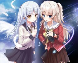 Rule 34 | 2girls, absurdres, angel beats!, black skirt, blue eyes, blush, bow, brown skirt, camera, charlotte (anime), closed mouth, cloud, cloudy sky, collared shirt, commentary request, company connection, cowboy shot, crossover, day and night, eyes visible through hair, falling feathers, feathers, grey hair, hair between eyes, hand on own hip, hand up, highres, holding, holding camera, jacket, key (company), long hair, long sleeves, looking at viewer, miniskirt, multiple girls, neck ribbon, open mouth, pleated skirt, ponytail, red shirt, ribbon, sailor collar, school uniform, serafuku, shirt, shooting star, short ponytail, side-by-side, skirt, sky, smile, split mouth, star (sky), starry sky, tachibana kanade, thank u eroge, tomori nao, two side up, white feathers, white hair, white sailor collar, white shirt, yellow bow, yellow eyes, yellow jacket