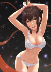 Rule 34 | 1girl, armpits, arms up, bare arms, bare shoulders, bdsm, black background, black hair, blush, bondage, bound, bound wrists, bow, bow bra, bow panties, bra, breasts, brown eyes, cleavage, collarbone, commentary request, cowboy shot, head tilt, highres, kimi no na wa., lace, lace-trimmed bra, lace trim, looking at viewer, medium breasts, miyamizu mitsuha, navel, open mouth, panties, rope, short hair, shukurin, sidelocks, solo, stomach, sweat, teeth, underwear, underwear only, white bra, white panties