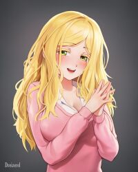 1girl :d absurdres artist_name blonde_hair blush breasts carol_olston cleavage collared_shirt commentary dreizerel english_commentary green_eyes grey_background highres large_breasts long_hair long_sleeves open_mouth own_hands_together palms_together pink_sweater shirt simple_background smile solo sweater teeth tomo-chan_wa_onna_no_ko tongue upper_body watermark white_shirt