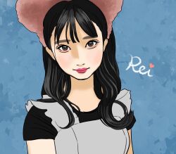 Rule 34 | 1girl, bae-chan, black hair, brown eyes, hat, highres, kuromiya rei, lips, long hair, looking at viewer, short sleeves