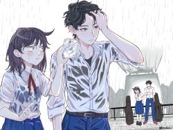 1boy 1girl belt bien_(k2nshow) bird black_belt black_hair black_undershirt blue_camisole blue_pants blue_skirt blush camisole closed_mouth collared_shirt commentary_request crossed_arms dress_shirt futsuu_no_keion-bu grey_eyes guitar_case handkerchief hatono_chihiro highres holding holding_handkerchief instrument_case mizuo_haruichi neck_ribbon outdoors overpass pants parted_lips pigeon pleated_skirt railing rain red_ribbon ribbon school_uniform see-through_clothes see-through_shirt shirt shirt_tucked_in short_hair short_sleeves skirt summer_uniform twitter_username wet wet_clothes wet_shirt white_shirt wing_collar