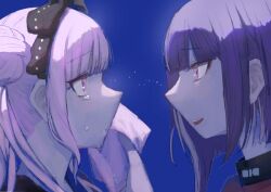 1boy 1girl black_bow black_hairband black_headband blue_background bow brother_and_sister crying crying_with_eyes_open eye_contact hair_bow hairband hand_up headband looking_at_another matching_hair/eyes open_mouth pink_eyes purple_hair siblings simple_background tears the_hundred_line_-last_defense_academy- tsukumo_ima tsukumo_kako twins upper_body