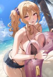 1girl animal_print beach bikini blonde_hair blue_shorts blue_sky breasts cutoffs day denim denim_shorts gijang gyaru highleg highleg_panties highres holding holding_swim_ring innertube leopard_print navel nipples ocean open_fly original outdoors palm_tree panties short_shorts shorts side-tie_bikini_bottom sky swim_ring swimsuit tongue tongue_out tree underwear