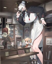 3girls absurdres animal_ears arm_at_side bare_legs breasts ceiling copyright_request doorway dress fang feet_out_of_frame fingernails flying_sweatdrops frogsnake hair_bun hair_scarf hand_up hands_on_own_hips height_difference highres huge_breasts indoors long_hair long_sleeves multicolored_hair multiple_girls open_mouth orange_hair profile puffy_long_sleeves puffy_sleeves round_eyewear shadow sidelocks skin_fang standing star_(symbol) streaked_hair tall_female umbrella v white_dress white_hair wooden_ceiling