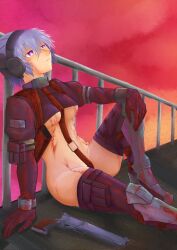 Rule 34 | 1girl, beyond citadel, blood, blood on clothes, blood on face, breasts, crotch strap, dusk, gloves, gun, handgun, headset, highres, hikarichantik, long sleeves, martyr (the citadel), medium breasts, navel, purple eyes, purple gloves, purple hair, purple thighhighs, revealing clothes, short hair, sitting, solo, the citadel, thighhighs, weapon