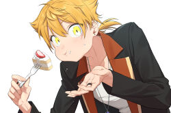 1boy black_jacket blazer blonde_hair earrings eating fingernails food food_on_face fork fushimi_gaku fushimi_gaku_(1st_costume) highres holding holding_fork jacket jewelry lapels long_fingernails looking_at_viewer male_focus necklace nijisanji notched_lapels po_(po_495) ponytail puffy_cheeks ring shirt short_hair short_ponytail simple_background slice_of_life solo stud_earrings upper_body virtual_youtuber white_background white_shirt yellow_eyes