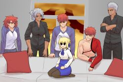 ahoge archer_(fate) artoria_pendragon_(fate) blonde_hair couch emiya_shirou fate/grand_order fate/stay_night fate_(series) genderswap highres igno_art meme multiple_boys multiple_girls multiple_persona on_couch piper_perri_surrounded_(meme) red_hair saber_(fate) senji_muramasa_(fate) unlimited_blade_works_(reality_marble) white_hair