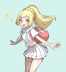 1girl :d backpack bag blonde_hair blue_background cowboy_shot eyelashes green_eyes highres lillie_(pokemon) long_hair looking_at_viewer midriff muis0802 nintendo open_mouth pink_bag pleated_skirt pokemon pokemon_sm ponytail shirt short_sleeves skirt smile solo white_shirt white_skirt