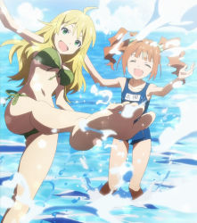 Rule 34 | barefoot, bikini, blonde hair, closed eyes, green eyes, highres, hoshii miki, idolmaster, idolmaster (classic), long hair, ocean, one-piece swimsuit, orange hair, short twintails, splashing, stitched, swimsuit, takatsuki yayoi, third-party edit, twintails