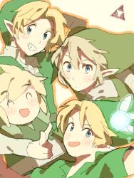 4boys blonde_hair blue_eyes earrings fairy grin hat jewelry link male_focus multiple_boys multiple_persona navi nintendo oekaki pointy_ears smile the_legend_of_zelda the_legend_of_zelda:_ocarina_of_time the_legend_of_zelda:_the_wind_waker the_legend_of_zelda:_twilight_princess toon_link young_link