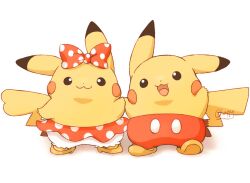 black_eyes bow closed_mouth cosplay gen_1_pokemon highres holding_hands mickey_mouse mickey_mouse_(cosplay) mimix minnie_mouse minnie_mouse_(cosplay) nintendo no_humans open_mouth pants pikachu pokemon pokemon_(creature) polka_dot polka_dot_bow red_bow red_pants red_skirt shoes simple_background skirt smile tail white_background yellow_shoes