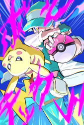 1boy alternate_color blue_background blue_eyes cbpea1 clothes_lift commentary_request covering_face emphasis_lines fingerless_gloves gen_1_pokemon gloves green_gloves green_hat hat highres holding holding_poke_ball jacket legs_apart male_focus nintendo official_alternate_costume one_eye_closed pants pikachu poke_ball pokemon pokemon_(creature) pokemon_masters_ex red_(pokemon) red_(sygna_suit)_(thunderbolt)_(pokemon) shirt shirt_lift short_hair three-quarter_sleeves upside-down white_bag
