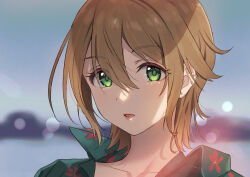 Rule 34 | 1girl, absurdres, blurry, blurry background, brown hair, ear piercing, earrings, emu (emum), floral print, floral print shirt, green eyes, green shirt, hair between eyes, highres, idolmaster, idolmaster cinderella girls, jewelry, kimura natsuki, looking at viewer, outdoors, parted lips, piercing, portrait, print shirt, shirt, short hair, solo, stud earrings