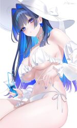 1girl 707arisu bikini blue_eyes blue_hair blue_nails blunt_ends breasts choker cleavage colored_inner_hair criss-cross_straps cross_pendant cup hair_intakes hat highres holding holding_cup hololive hololive_english large_breasts long_hair looking_at_viewer multicolored_hair navel ouro_kronii parted_lips pendant_choker side-tie_bikini_bottom sidelocks simple_background sitting solo string_bikini sun_hat swimsuit underboob virtual_youtuber white_background white_bikini white_choker white_hat wide_brim