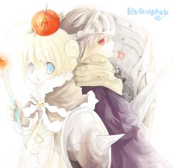 1boy 1girl ahoge apple_on_head arrow_through_apple back-to-back blonde_hair blue_eyes brown_cape brown_gloves cape commentary_request copyright_name crusader_(ragnarok_online) deer_(oaoyoyo) double_bun dress flower flower_in_mouth fur-trimmed_cape fur_trim gloves grey_hair hair_bun high_wizard_(ragnarok_online) highres holding holding_shield holding_staff holding_sword holding_weapon looking_at_viewer looking_back open_mouth pink_flower pointy_ears purple_cape ragnarok_online red_eyes shield short_hair simple_background staff sword upper_body visor_(armor) weapon white_background white_dress