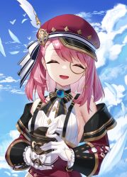 1girl bare_shoulders black_bow black_bowtie blue_sky bow bowtie brooch newsboy_cap camera charlotte_(genshin_impact) closed_eyes cloud commentary_request cross-laced_clothes cross-laced_sleeves detached_sleeves falling_feathers feathers frilled_sleeves frills genshin_impact gloves hat hat_feather hat_ribbon highres holding holding_camera jewelry lace-up_sleeves medium_hair monocle open_mouth pai_daxing pink_hair red_hat red_skirt red_sleeves ribbon shirt skirt sky sleeveless sleeveless_shirt smile solo suspender_skirt suspenders upper_body white_gloves white_ribbon white_shirt