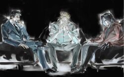 3boys 4istfuerimmer black_background black_gloves black_hair black_necktie black_pants black_shirt black_shoes blonde_hair blue_eyes blue_hair blue_jacket blue_pants blue_shirt blue_suit brown_eyes bucky_barnes captain_america:_civil_war captain_america_(series) closed_eyes closed_mouth collared_shirt colored_inner_hair commentary covering_own_mouth crossed_legs english_commentary facial_hair fingernails formal_clothes full_body gloves grey_pants hands_up highres hood hoodie jacket lapels long_sleeves looking_at_another male_focus marvel marvel_cinematic_universe multicolored_hair multiple_boys necktie on_chair open_clothes open_hoodie own_hands_together pants puffy_long_sleeves puffy_sleeves red_hoodie shirt shoes simple_background single_glove sitting spread_legs steve_rogers suit suit_jacket t-shirt tony_stark white_shirt