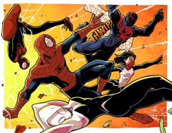 2girls 3boys \m/ animal_print bodysuit claws highres hood hooded_bodysuit marvel mask mouth_mask multiple_boys multiple_girls silk silk_(marvel) spider-gwen spider-man spider-man_(2099) spider-man_(miles_morales) spider-man_(series) spider_print spider_web spider_web_print superhero_costume two-tone_bodysuit upside-down yufo616