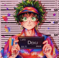 1boy absurdres barbie_mugshot_(meme) boku_no_hero_academia character_name dagnes_art earrings english_text freckles gradient_clothes gradient_shirt green_hair height_mark highres holding holding_sign hoop_earrings jewelry looking_at_viewer male_focus meme midoriya_izuku mugshot prisoner shirt short_hair sign t-shirt upper_body
