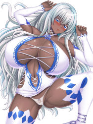 1girl bare_shoulders blue_eyes blush boots breasts censored center_opening cleavage commentary_request curvy dark-skinned_female dark_skin detached_sleeves highres hip_vent huge_breasts long_hair looking_at_viewer mosaic_censoring navel original panties plump revealing_clothes rough_(riferio) shiny_skin smile solo thigh_boots underwear white_hair white_panties
