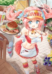 1girl apron blue_eyes blush burger cat chair detached_collar drink drinking_straw elbow_pads fang female_focus flower flower_pot food french_fries from_above happy hat heart highres knee_pads long_hair looking_at_viewer midriff moe2016 naka_akira navel open_mouth original pink_hair pleated_skirt roller_skates skates skirt smile solo stomach table tray twintails visor_cap waist_apron waitress