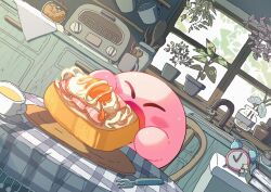 blush_stickers bread bread_slice clock closed_eyes coffee_mug cup day dutch_angle eating food fork fried_egg hands_up hoshikuzu_pan indoors kirby kirby_(series) mug nintendo no_humans no_nose open_mouth plant potted_plant solo table toast window