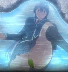 1girl anime_screenshot black_socks blazer breasts convenient_censoring haite_kudasai_takamine-san highres jacket large_breasts leaf leaf_censor long_hair no_panties puddle purple_hair pussy pussy_peek red_eyes reflection reflective_water school_uniform sexually_suggestive skirt socks stitched takamine_takane third-party_edit water