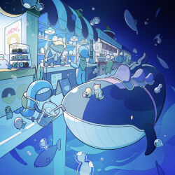 1girl absurdres air_bubble backpack bag black_cat blonde_hair bow bowtie bubble cafe calico_cat cat chef_hat coffee coffee_mug coffee_pot crossed_arms cup donut donut_shop fish food food_art fork hachimaki hat headband highres holding holding_cup holding_fork mug nejiri_hachimaki noodles original plant pon_de_ring potted_plant ramen ramen_stand riding riding_animal riding_fish tako-san_wiener tti_design whale whale_costume whale_hat