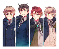 4boys ahoge aqua_flower aqua_jacket axis_powers_hetalia black_gloves black_hair blonde_hair blue_jacket blue_vest blush book border bow bowtie buttons closed_mouth clover_(flower) collared_shirt commentary_request flower gloves green_eyes green_vest grey_shirt hand_up himaruya_hidekazu holding holding_flower jacket lapels looking_at_another looking_at_viewer male_focus multiple_boys necktie northern_ireland_(hetalia) one_eye_closed open_book open_clothes open_jacket open_mouth open_vest purple_bow purple_bowtie purple_necktie red_hair scotland_(hetalia) shirt short_hair simple_background smile sweater_vest teeth two-sided_fabric two-sided_jacket united_kingdom_(hetalia) upper_body v-shaped_eyebrows vest wales_(hetalia) white_background white_border white_bow white_bowtie white_necktie yellow_eyes yellow_sweater_vest