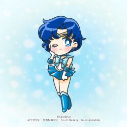 1girl absurdres bishoujo_senshi_sailor_moon blue_choker blue_eyes blue_hair blue_sailor_collar blue_skirt bow chibi choker circlet earrings elbow_gloves gloves highres jewelry long_hair magical_girl mercury_symbol miniskirt mizuno_ami multiple_girls one_eye_closed sailor_collar sailor_mercury sailor_senshi_uniform short_hair skirt sksrlove smile solo stud_earrings white_gloves