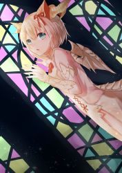 Rule 34 | 1girl, :o, absurdres, animal ears, armlet, backless dress, backless outfit, backlighting, bare back, bare shoulders, blonde hair, blue eyes, chestnut mouth, chromatic aberration, day, dragon ears, dragon girl, dragon horns, dragon tail, dragon wings, dress, dutch angle, elbow gloves, female focus, fingernails, from side, gloves, hair ribbon, highres, horns, indoors, jewelry, kurage (11649021), light particles, long fingernails, looking at viewer, looking to the side, myr (p&amp;d), open mouth, puzzle &amp; dragons, red ribbon, ribbon, sharp fingernails, shoes, solo, stained glass, tail, tareme, wings, yellow dress, yellow gloves