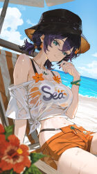 Rule 34 | 1girl, absurdres, beach, belle (summer skies) (zenless zone zero), belle (zenless zone zero), black hat, blue sky, blurry, blush, breasts, bucket hat, chair, closed mouth, cloud, cloudy sky, commentary request, day, depth of field, hat, highres, large breasts, long hair, looking at viewer, lounge chair, low twintails, maria (maria rose), navel, off-shoulder shirt, off shoulder, orange shorts, outdoors, see-through clothes, see-through shirt, shirt, short shorts, short twintails, shorts, sitting, sky, smile, solo, thighs, twintails, wet, white shirt, zenless zone zero