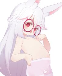 1girl absurdres animal_ear_fluff animal_ears baigao belly borrowed_character cameltoe commentary_request flat_chest glasses highres loli long_hair navel nipples open_mouth original pantyhose pink_pantyhose rabbit_ears red-framed_eyewear red_eyes simple_background smile solo standing white_background white_hair