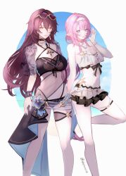 2girls bikini bikini_skirt black_bikini black_sarong blue_eyes bracelet breasts brown_hair cleavage eden_(flowing_rhyme)_(honkai_impact) eden_(honkai_impact) elf elysia_(honkai_impact) elysia_(miss_pink_elf)_(honkai_impact) elysia_(summer_miss_elf)_(honkai_impact) eyewear_on_head hairband hashtag-only_commentary highres honkai_(series) honkai_impact_3rd jewelry multiple_girls navel necklace official_alternate_costume oldsprout1108 oval_background pointy_ears sarong scrunchie see-through_clothes see-through_sleeves shell shell_necklace stomach sunglasses swimsuit thigh_strap twintails white_bikini white_hairband wrist_scrunchie yellow_eyes